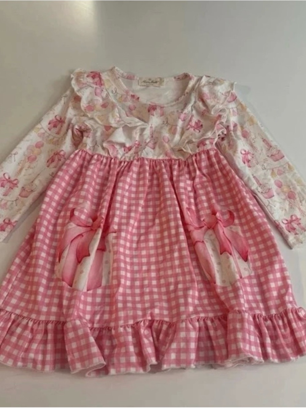 Girls Pink Gingham Bow Pocket Long-Sleeve Dress